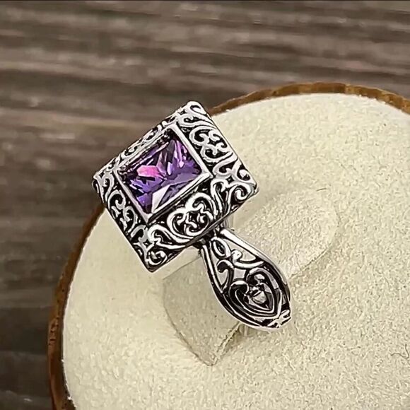 Sterling Silver Ornate Square Cut Amethyst CZ Ring New - Picture 5 of 10